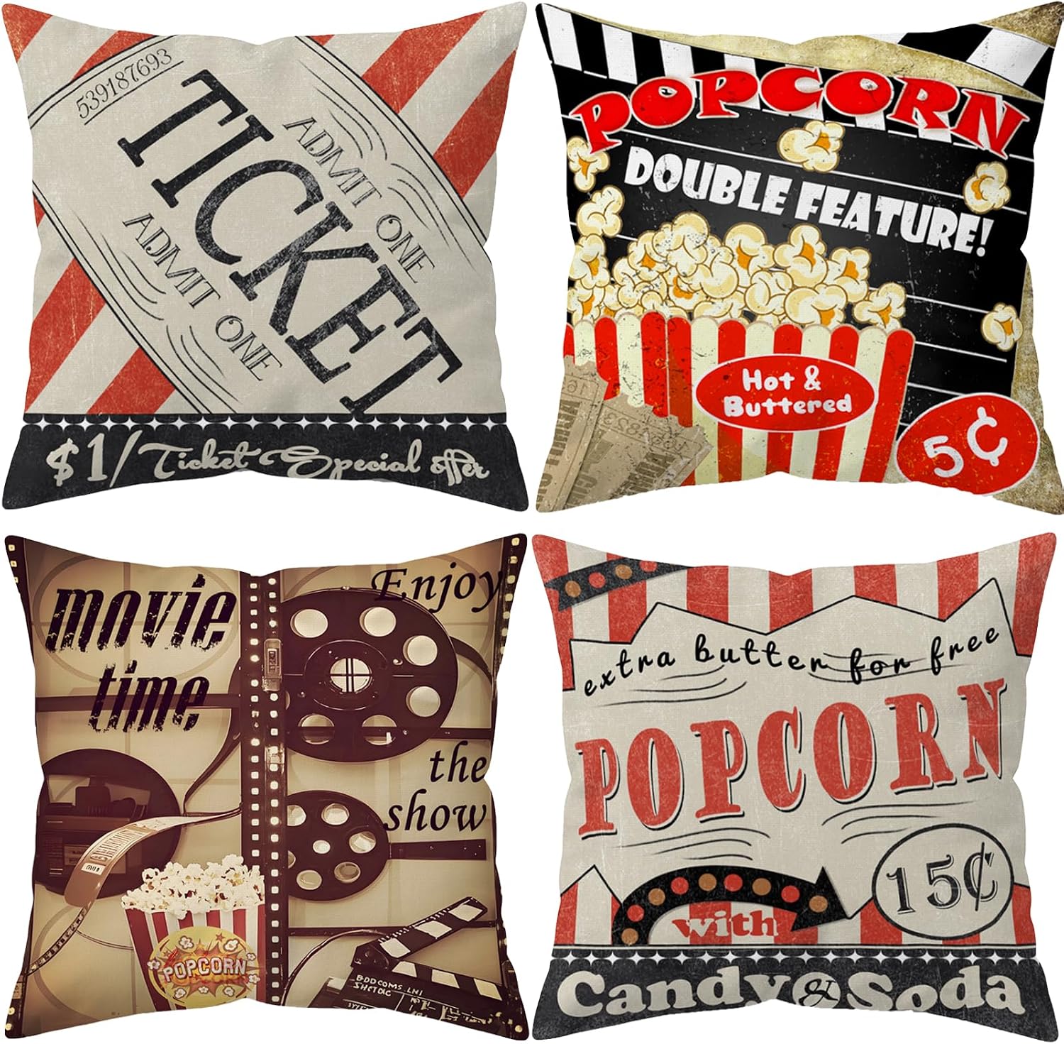 4Pcs Retro Cinema Throw Pillow - Home Cinema Tickets recension och pris