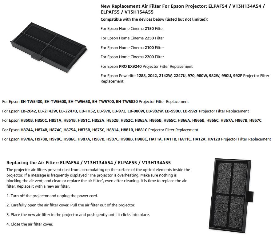 ELPAF54 ELPAF55 Projector Air  - Home Cinema Epson 2150 recension och pris